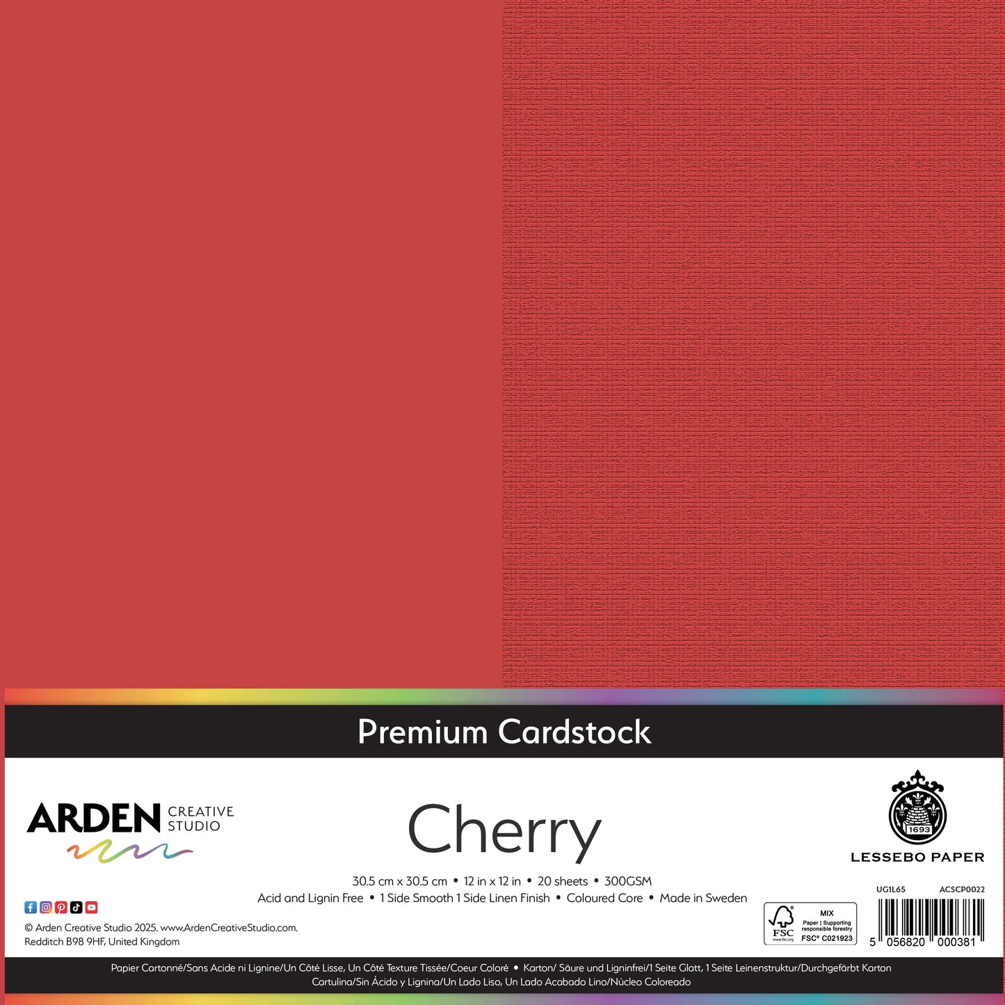 Arden Creative Studio Premium Cardstock 12in x 12in 300gsm 20 Pack - Cherry