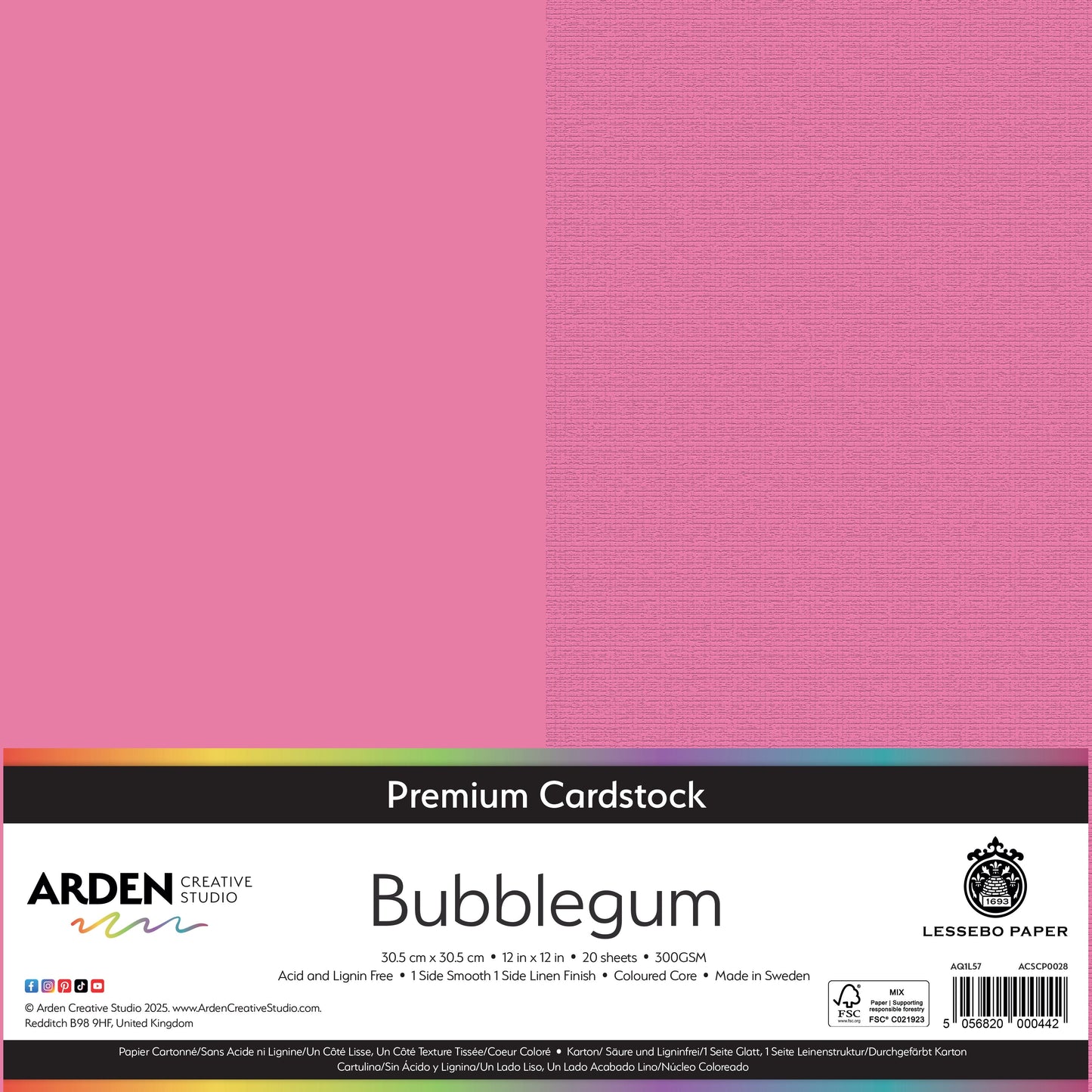 Arden Creative Studio Premium Cardstock 12in x 12in 300gsm 20 Pack - Bubblegum