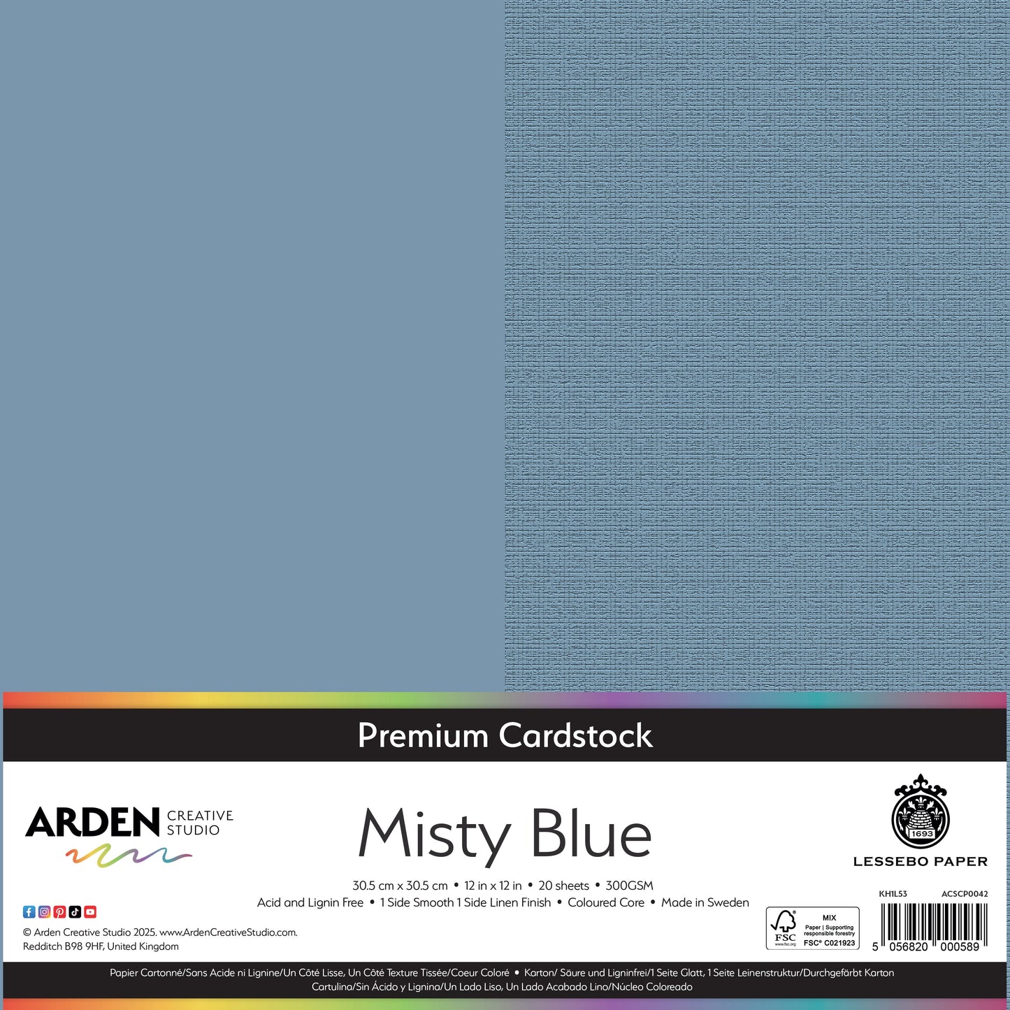 Arden Creative Studio Premium Cardstock 12in x 12in 300gsm 20 Pack - Misty Blue