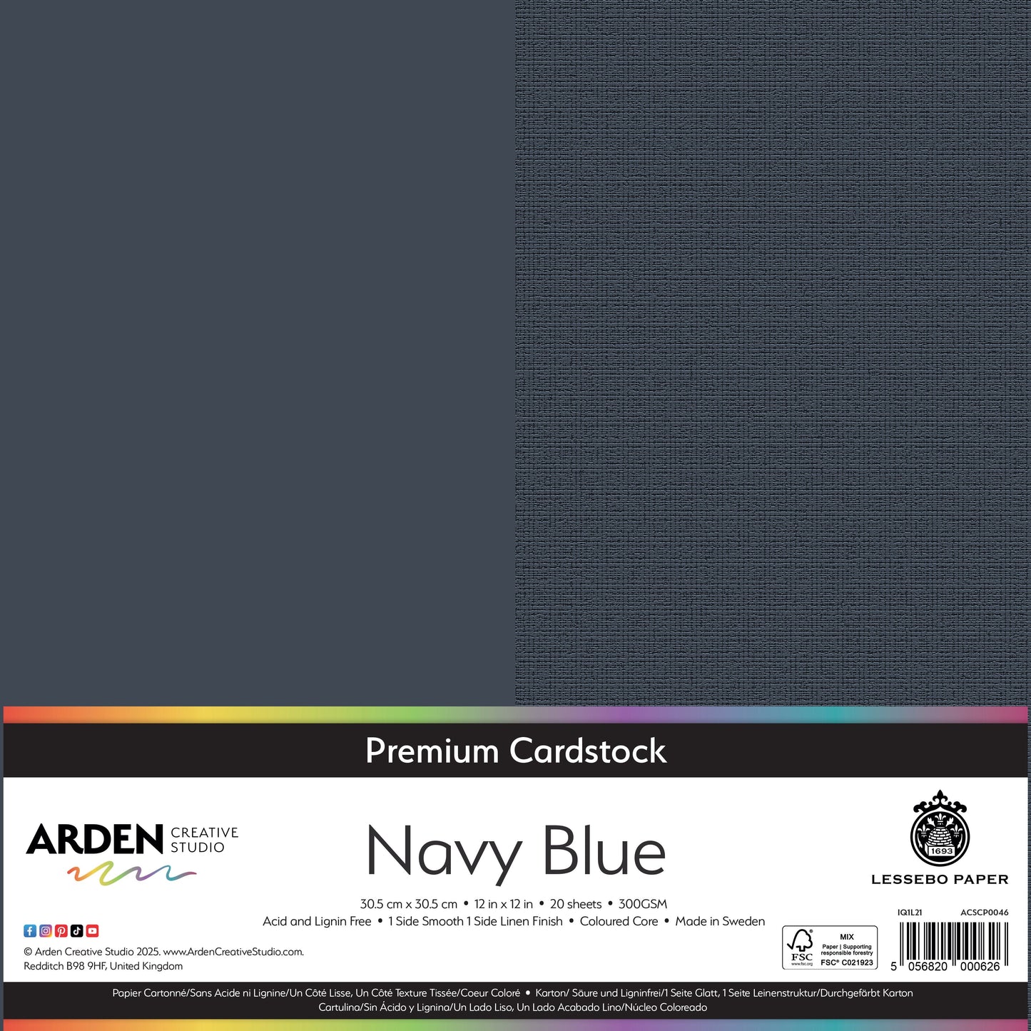 Arden Creative Studio Premium Cardstock 12in x 12in 300gsm 20 Pack - Navy Blue