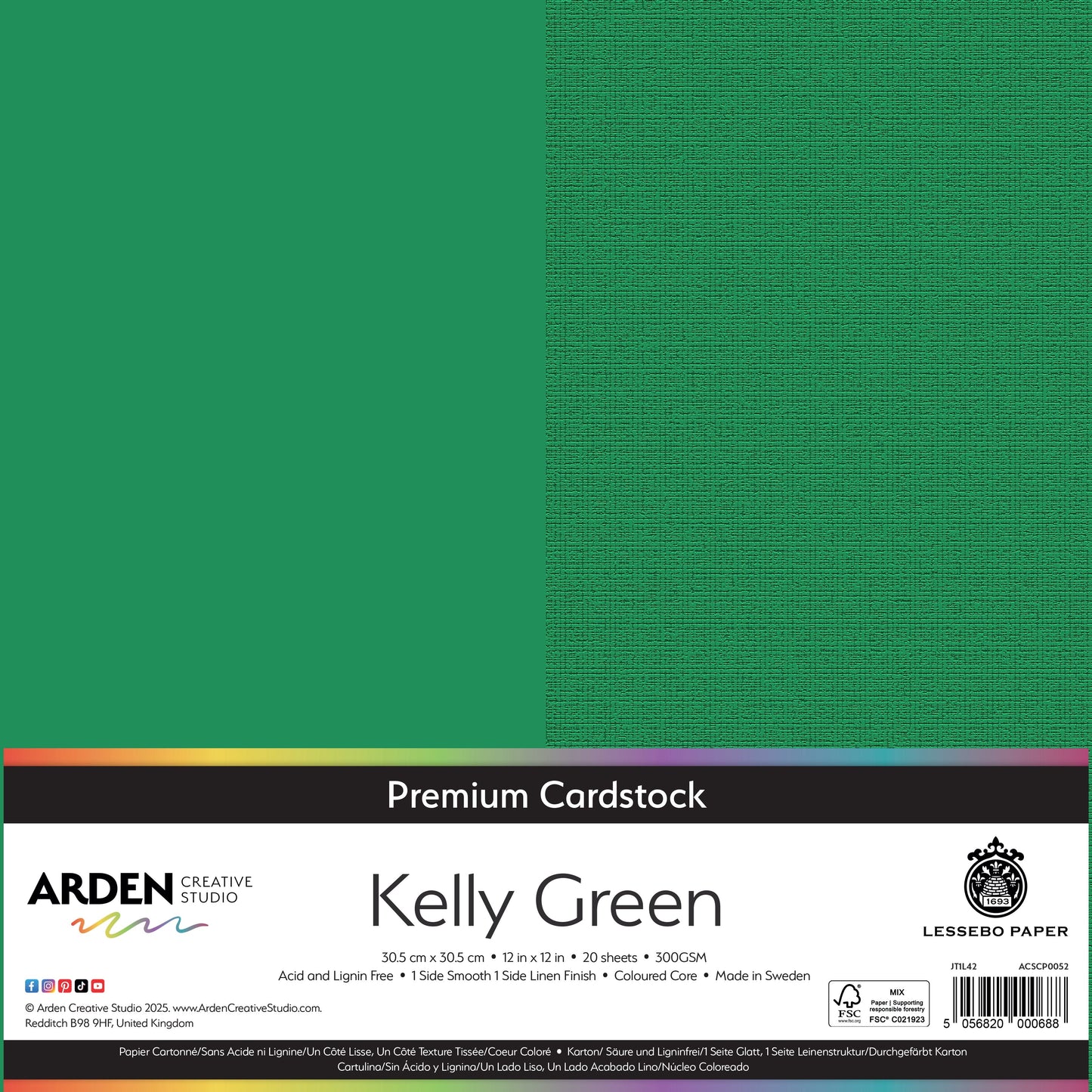 Arden Creative Studio Premium Cardstock 12in x 12in 300gsm 20 Pack - Kelly Green