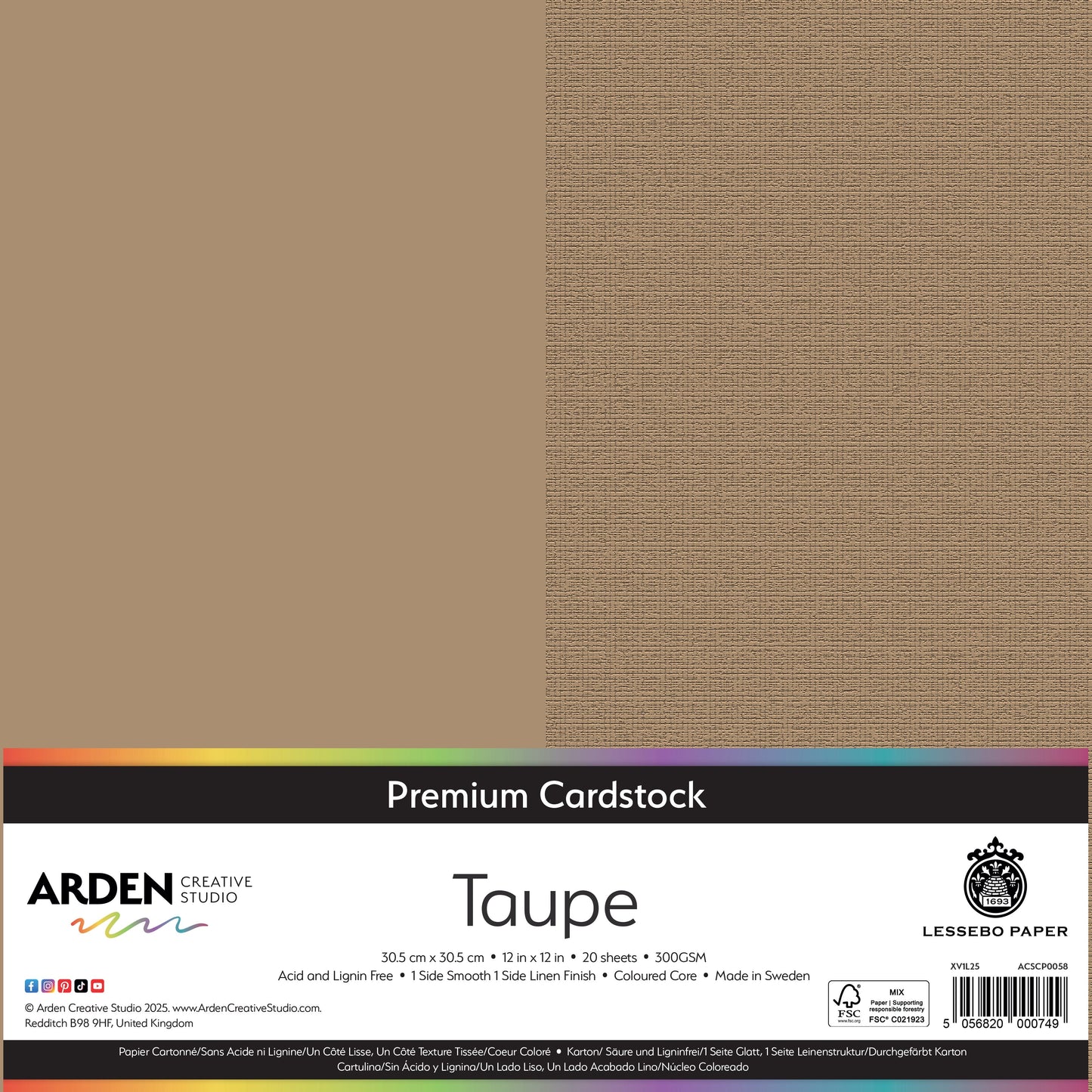 Arden Creative Studio Premium Cardstock 12in x 12in 300gsm 20 Pack - Taupe