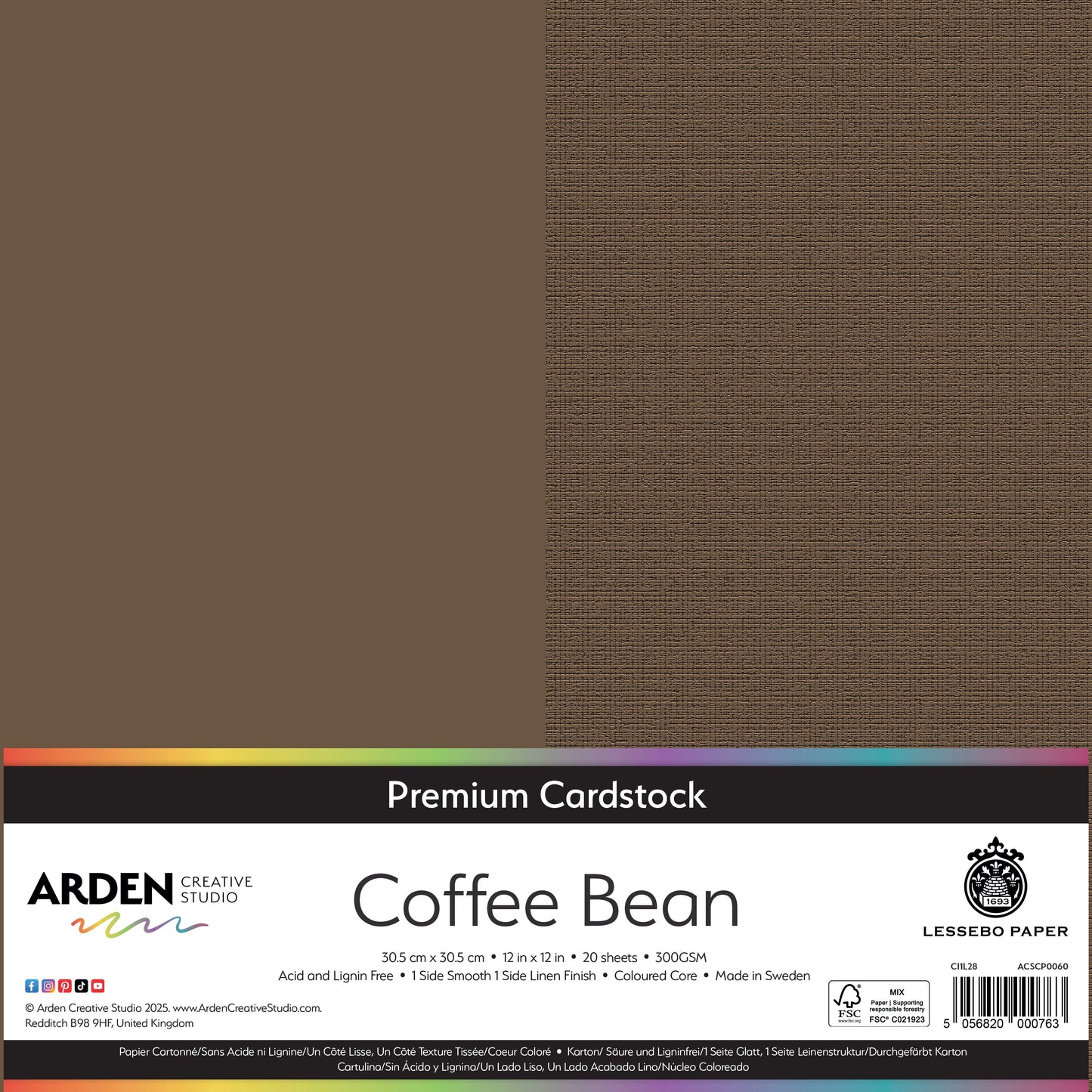 Arden Creative Studio Premium Cardstock 12in x 12in 300gsm 20 Pack - Coffee Bean