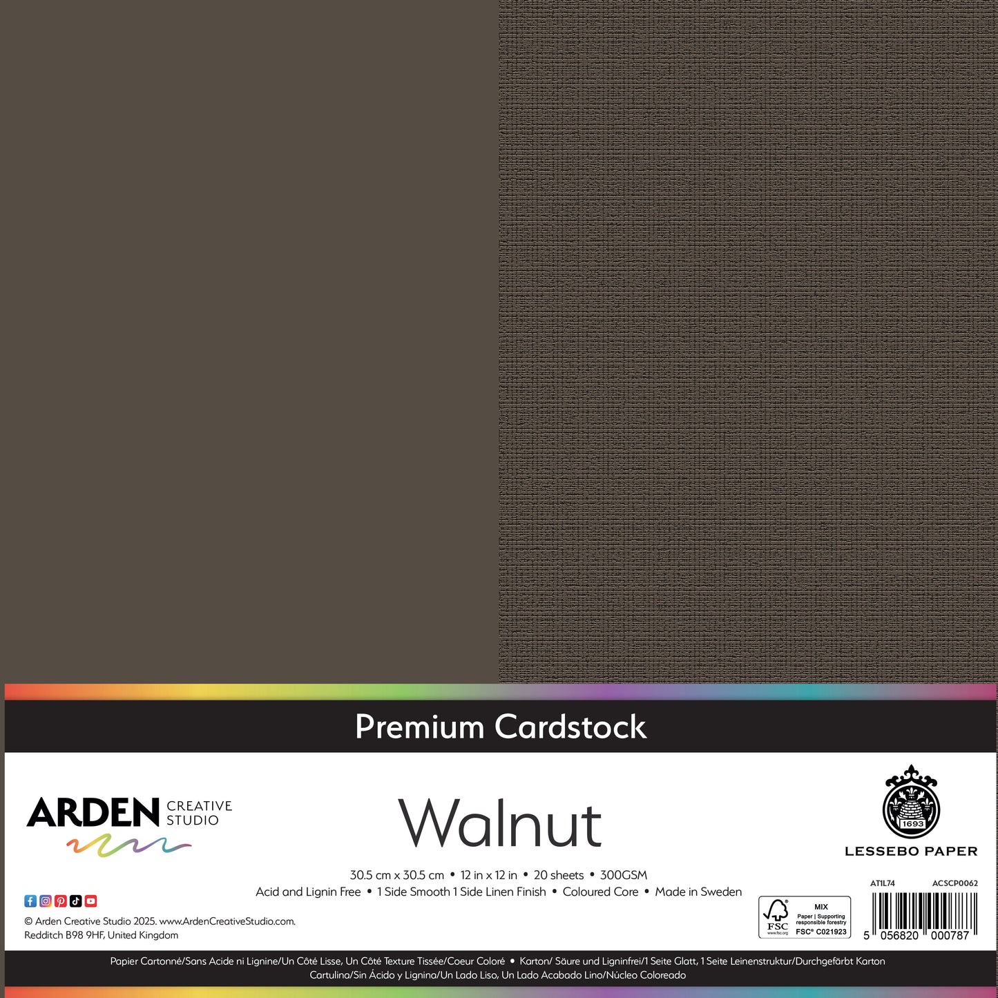 Arden Creative Studio Premium Cardstock 12in x 12in 300gsm 20 Pack - Walnut