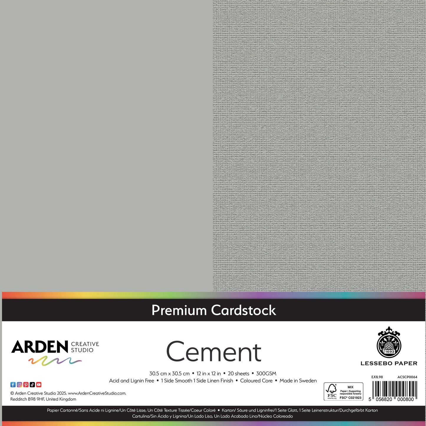 Arden Creative Studio Premium Cardstock 12in x 12in 300gsm 20 Pack - Cement