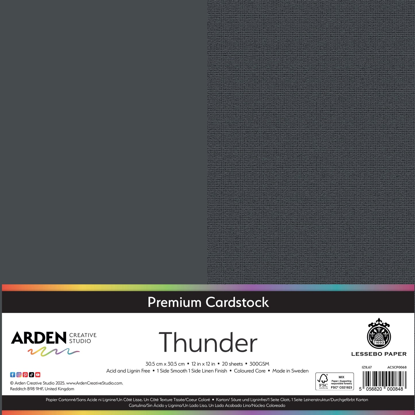Arden Creative Studio Premium Cardstock 12in x 12in 300gsm 20 Pack - Thunder