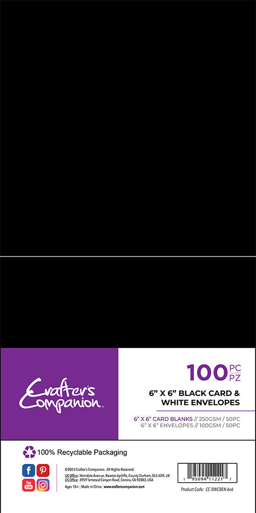 Crafter's Companion 6" x 6" Black Card & White Envelopes - 100 Pc