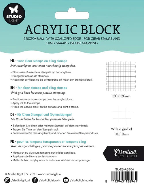 Studio Light Acrylic Stamp Block For Clear And Cling Stamps With Grid Essentials 120x120x8mm nr.04