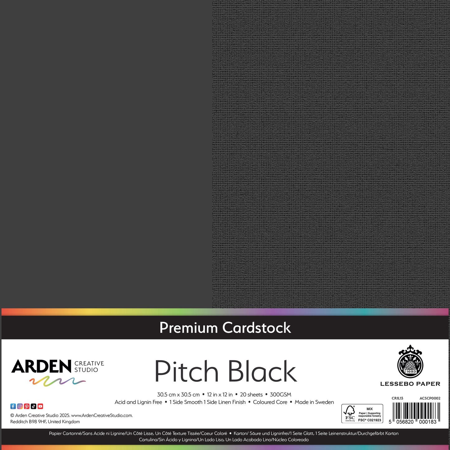 Arden Creative Studio Premium Cardstock 12in x 12in 300gsm 20 Pack - Pitch Black
