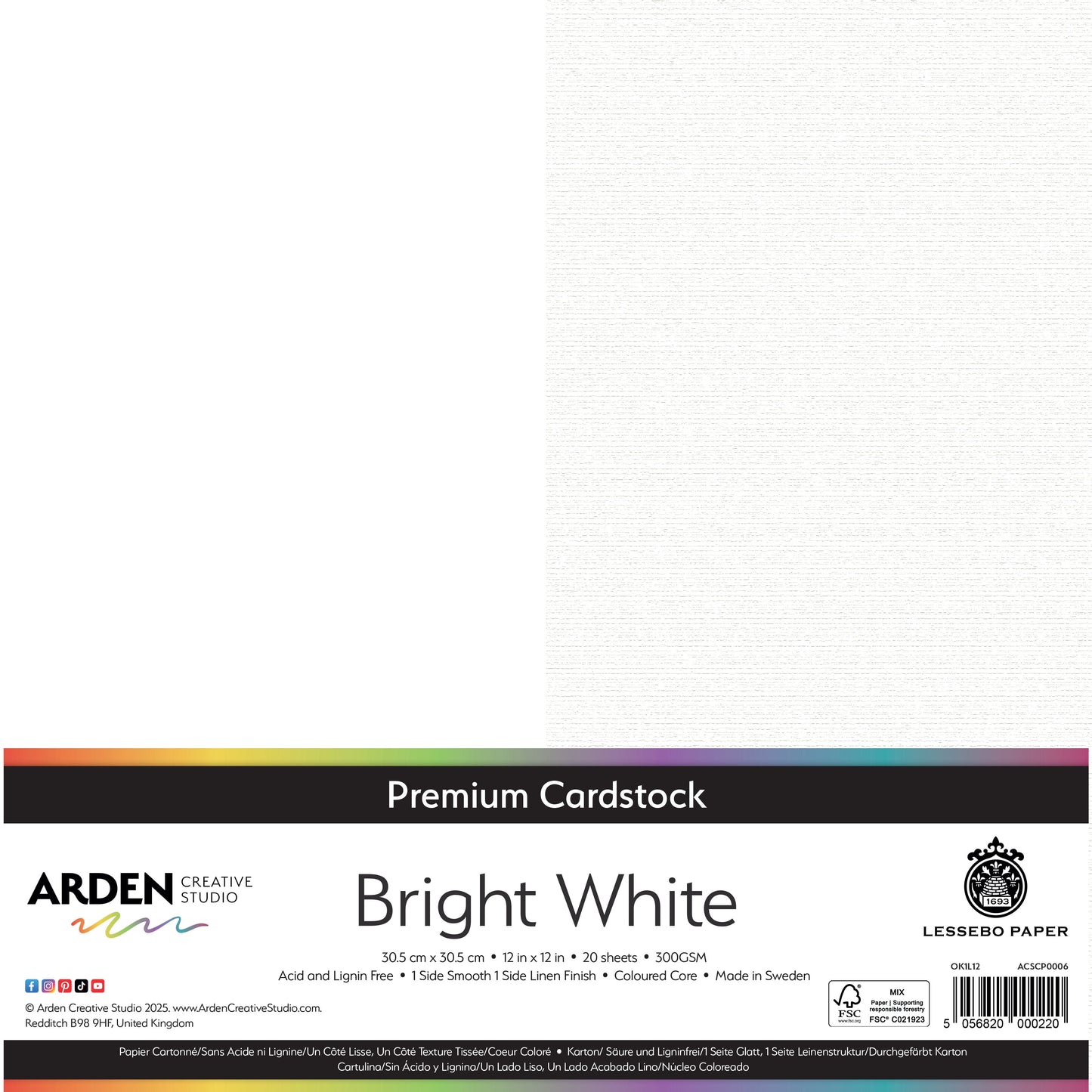 Arden Creative Studio Premium Cardstock 12in x 12in 300gsm 20 Pack - Bright White