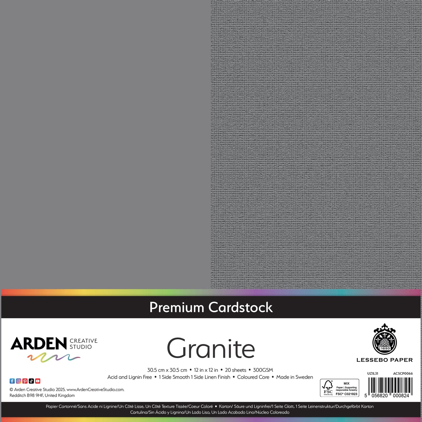 Arden Creative Studio Premium Cardstock 12in x 12in 300gsm 20 Pack - Granite