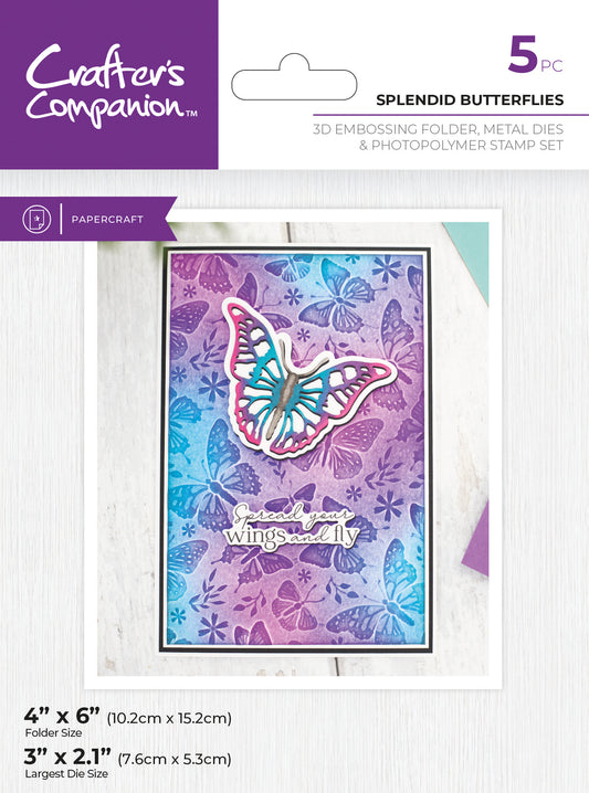 Crafter's Companion 3D Embossing Folder, Metal Die & Acrylic Stamp - Splendid Butterflies