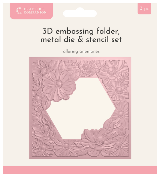 Crafters Companion 5.5” X 5.5” 3D Embossing Folder, Metal Die and Stencil Set - Alluring Anemones