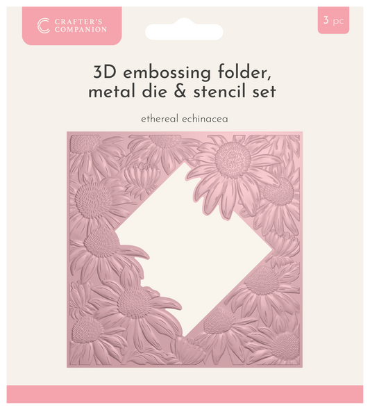 Crafters Companion 5.5” X 5.5” 3D Embossing Folder, Metal Die and Stencil Set - Ethereal Echinacea