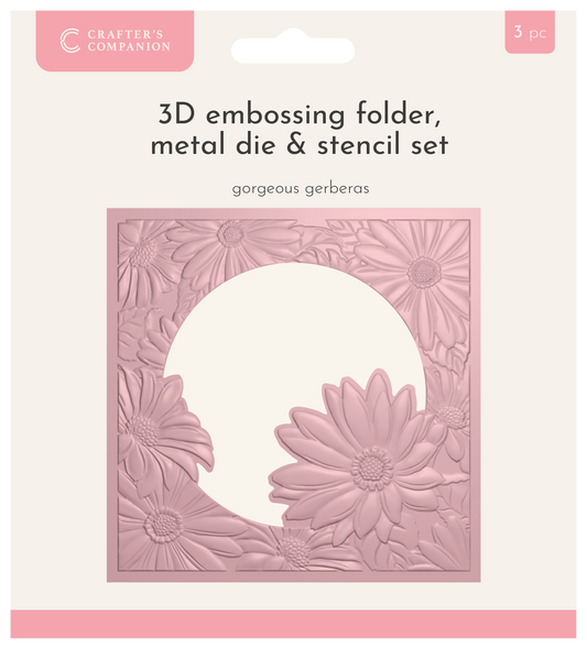 Crafters Companion 5.5” X 5.5” 3D Embossing Folder, Metal Die and Stencil Set - Gorgeous Gerberas