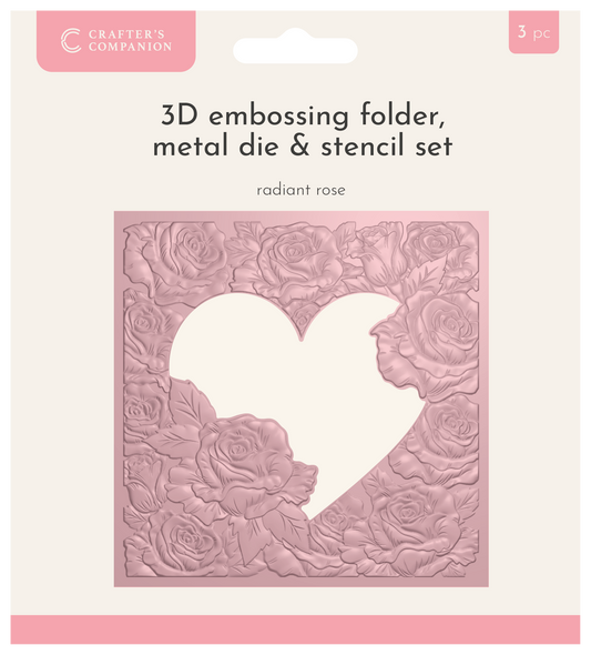 Crafters Companion 5.5” X 5.5” 3D Embossing Folder, Metal Die and Stencil Set - Radiant Rose