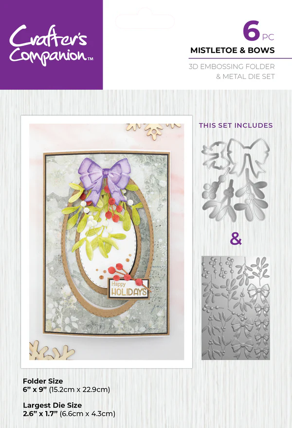 Crafters Companion 6” x 9” 3D Folder & Metal Die - Mistletoe & Bows