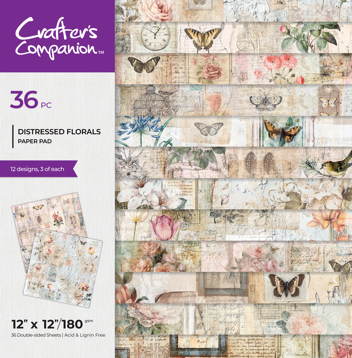 Crafters Companion 12” x 12” Paper Pad - Distressed Florals