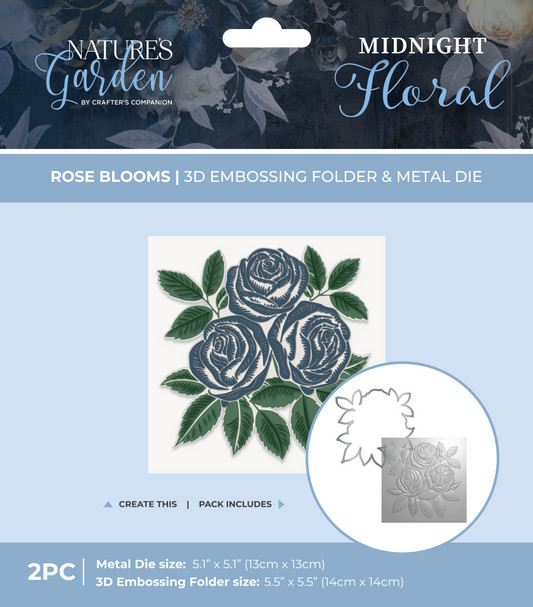 Nature's Garden - Midnight Floral 5.5"x5.5" 3D Embossing Folder & Metal Die - Rose Blooms