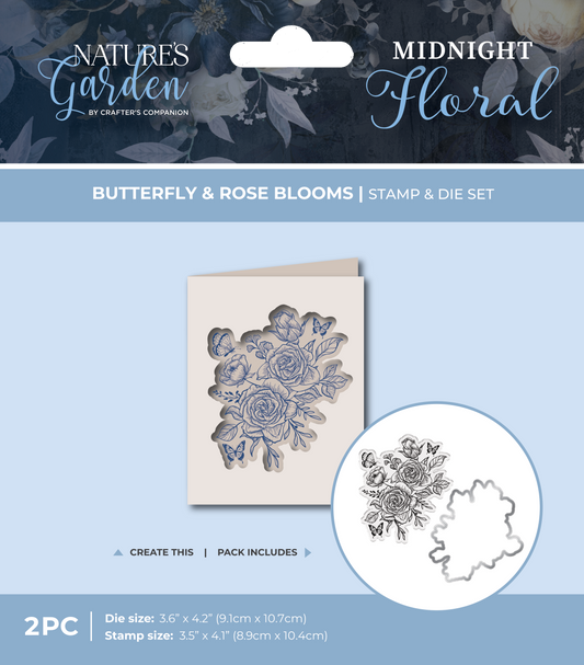 Nature's Garden - Midnight Floral Stamp & Die - Butterfly & Rose Blooms