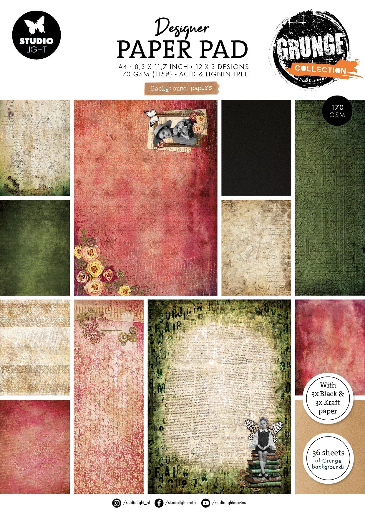 SL Designer Paper Pad Background Papers Grunge Collection 203.2x203.2x9mm 36 Sheets