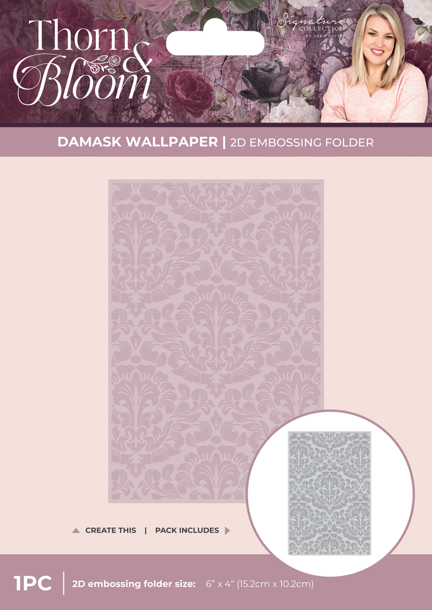 Sara Signature Thorn & Bloom 6" x 4" 2D Embossing Folder - Damask Wallpaper