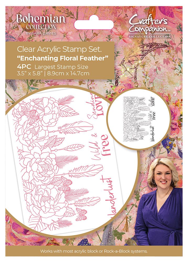 Sara Signature Bohemian Clear Acrylic Stamps - Enchanting Floral Feather