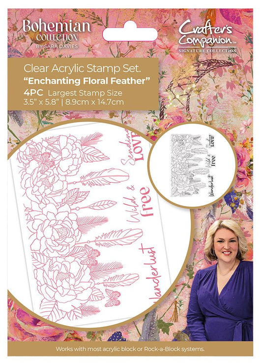 Sara Signature Bohemian Clear Acrylic Stamps - Enchanting Floral Feather