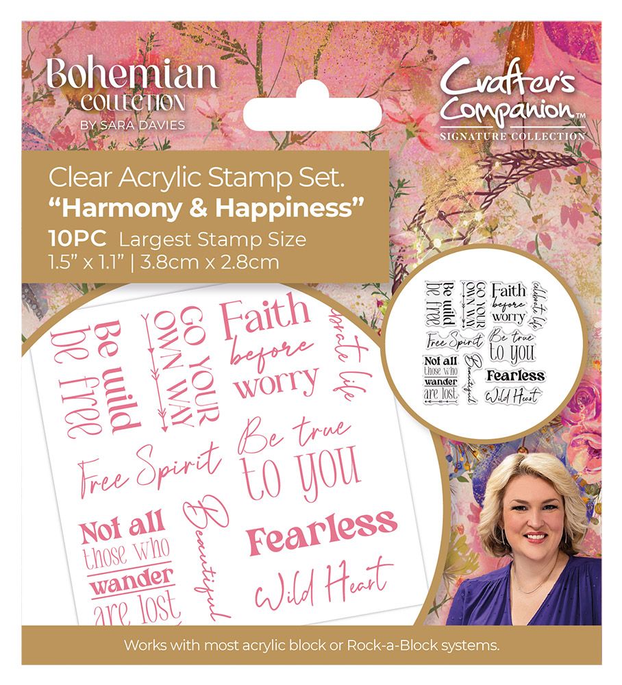 Sara Signature Bohemian Clear Acrylic Sentiment Stamps - Harmony & Happiness