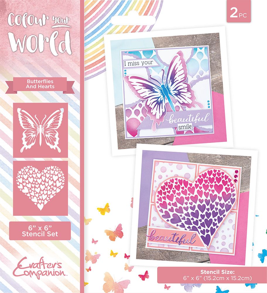 Colour Your World 6x6" Stencil Set - Butterflies and Hearts